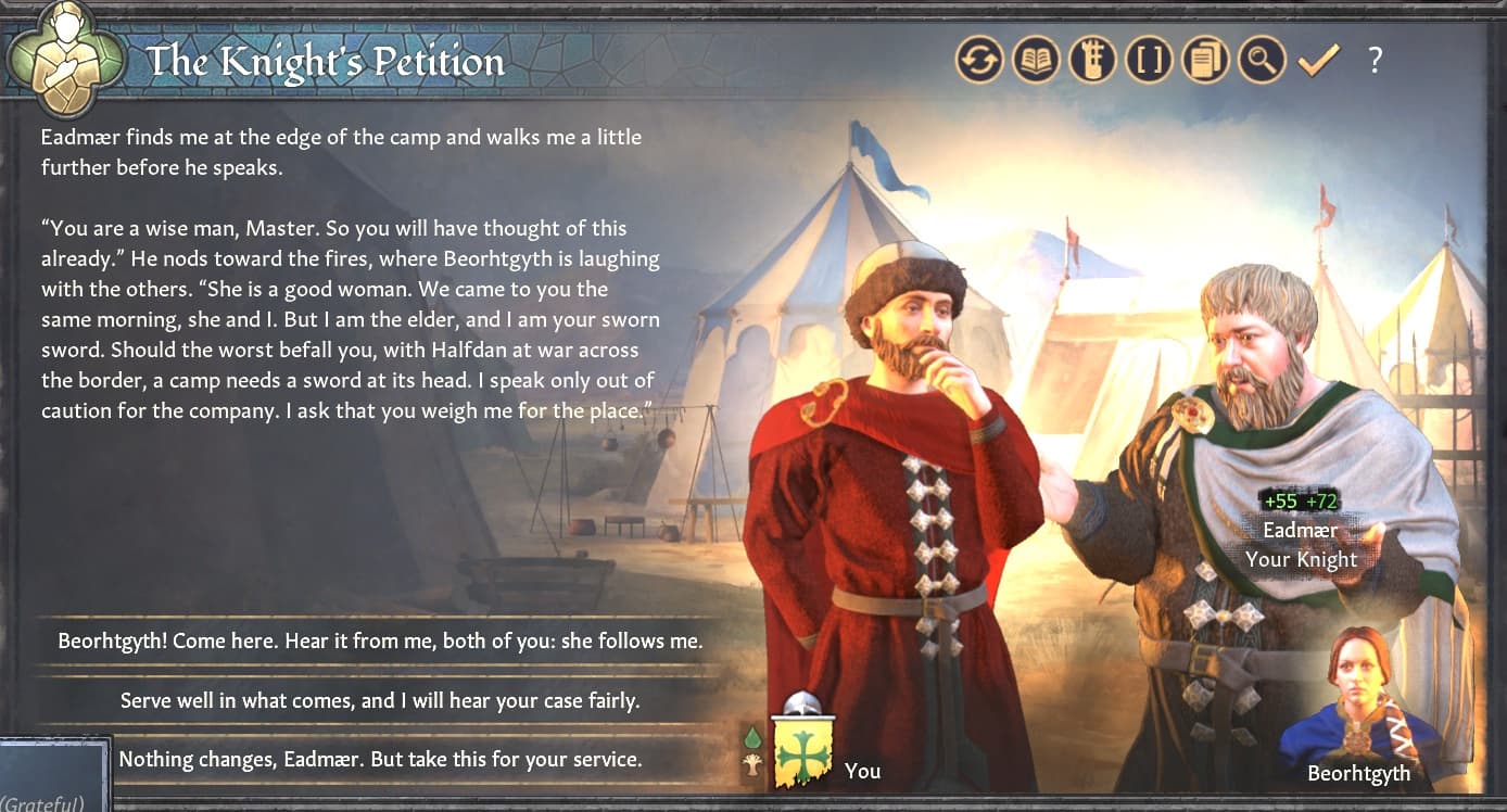 The Knight’s Petition event in Crusader Kings 3: Eadmær asks to be named to lead the camp, with Beorhtgyth in the background and three choices